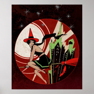 Affiche d'art de sorcière volante Halloween vintag