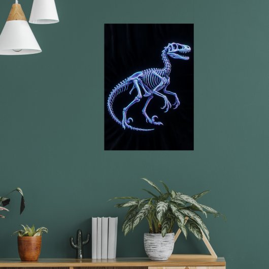 Affiche d'art de squelette de dinosaure bleu néon  (Salon 1)