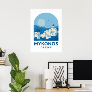 Affiche d'art de voyage minimaliste bleu Mykonos G