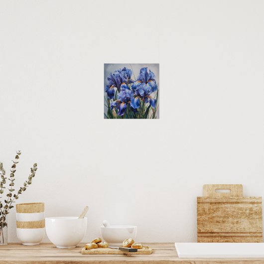 Affiche d'art d'impression de fleurs d'Iris bleus (Cuisine)