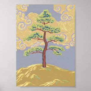 Affiche d'art d'un pin sur une colline brumeuse