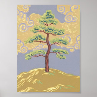 Affiche d'art d'un pin sur une colline brumeuse
