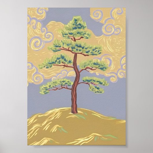 Affiche d'art d'un pin sur une colline brumeuse (Devant)