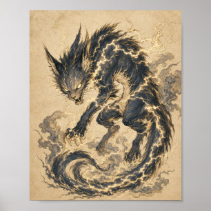 Affiche d'art japonaise Yokai Raiju Gold Tail