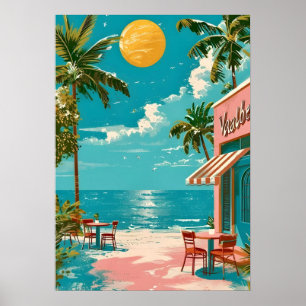 Affiche d'art mural de café de plage côtière rétro