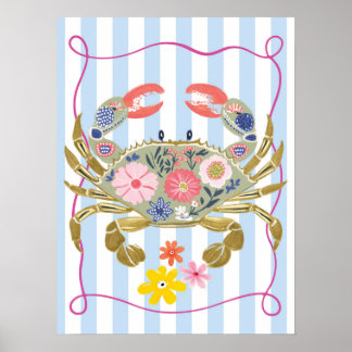 affiche d'art mural floral crabe funky océan