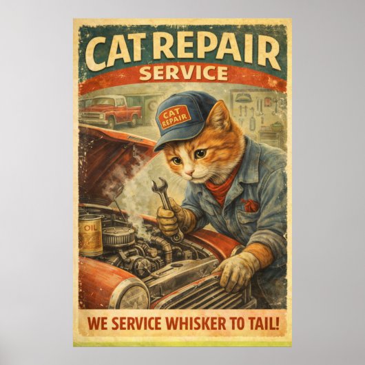 Affiche d'art mural Rétro Vintage Chat Mécanicien (Devant)