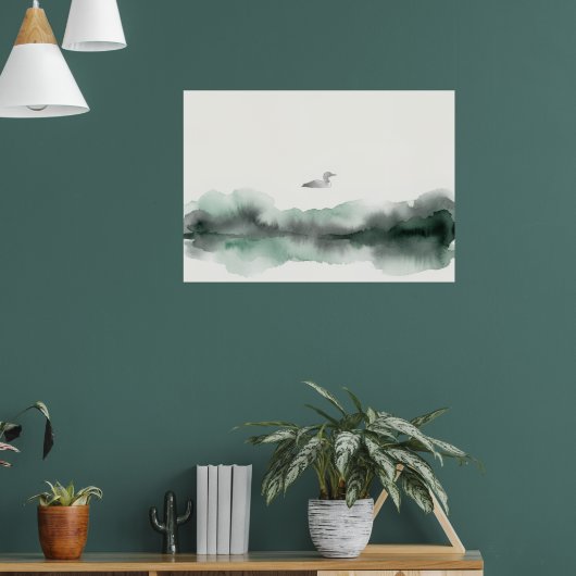Affiche d'art oiseau paysage aquarelle brumeuse (Salon 1)
