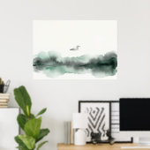 Affiche d'art oiseau paysage aquarelle brumeuse (Bureau à domicile)