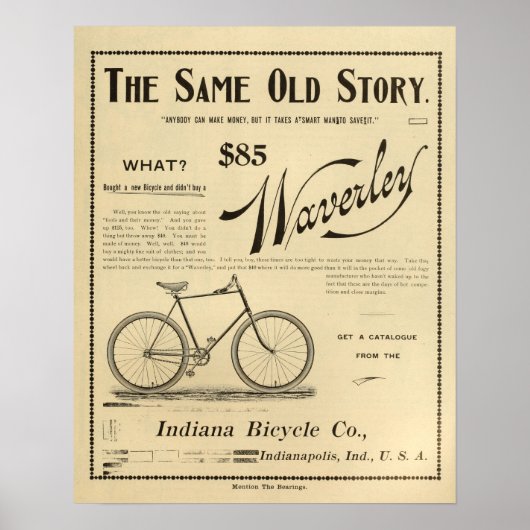 Affiche d'art sur les vélos Waverly Indiana 1894 (Devant)