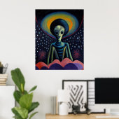 Affiche d'art surréaliste d'Alien dans l'espace (Bureau à domicile)