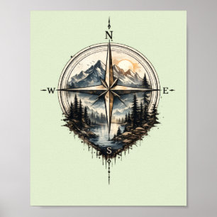 Affiche d'art vintage de boussole de montagne