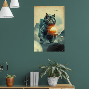 Affiche d'art vintage de chat astronaute dans l'es
