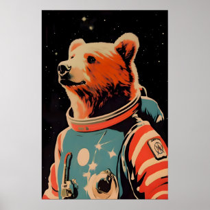 Affiche d'astronaute ours, Impression rétro ours,