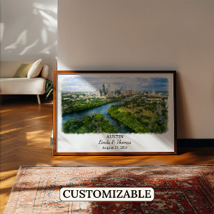 Affiche d'Austin Texas, Aquarelle, Sur mesure