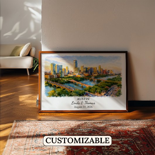 Affiche d'Austin Texas, Aquarelle, Sur mesure