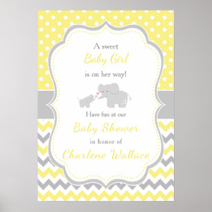 Affiche de Baby shower jaune et gris éléphant