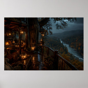 Affiche de balcon du lodge de la rivière d'automne