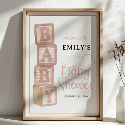 Affiche de bienvenue Baby Blocks Bébé Rose Poussié