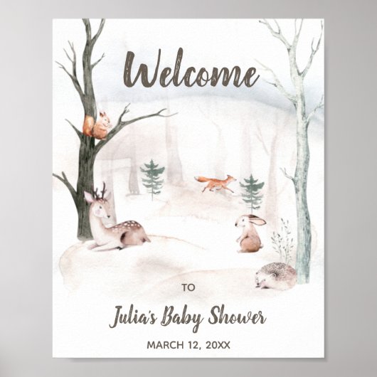 Affiche de bienvenue baby shower, Animaux des bois (Devant)