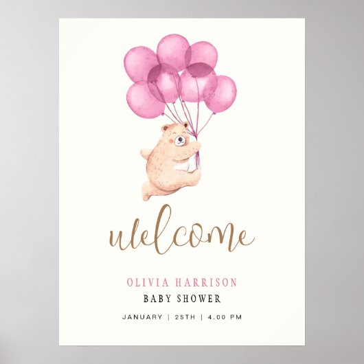 Affiche de bienvenue Baby shower Bear Rose Bear (Devant)