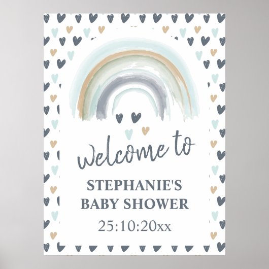 Affiche de bienvenue Baby shower bleu Boho arc-en- (Devant)