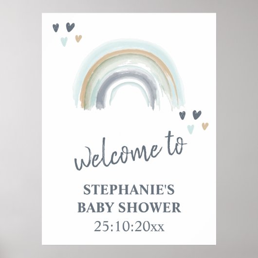 Affiche de bienvenue Baby shower bleu Boho arc-en- (Devant)