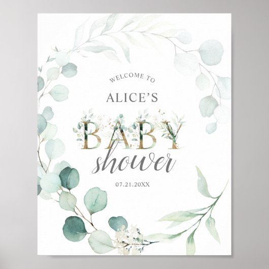 Affiche de bienvenue Baby shower Botanique Eucalyp (Devant)