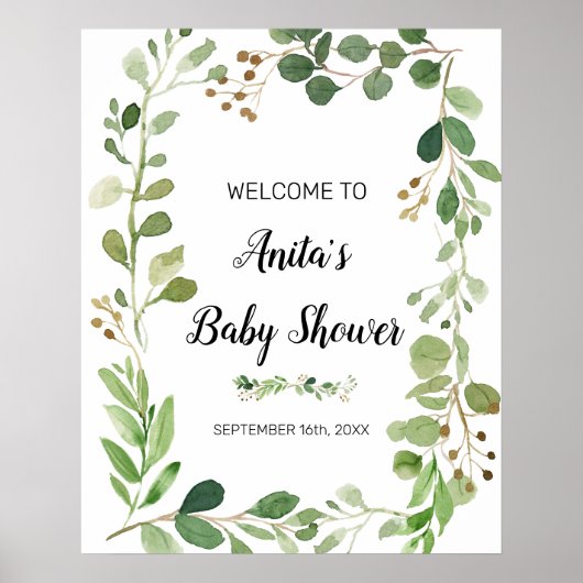 Affiche de bienvenue Baby shower d'aquarelle verte (Devant)