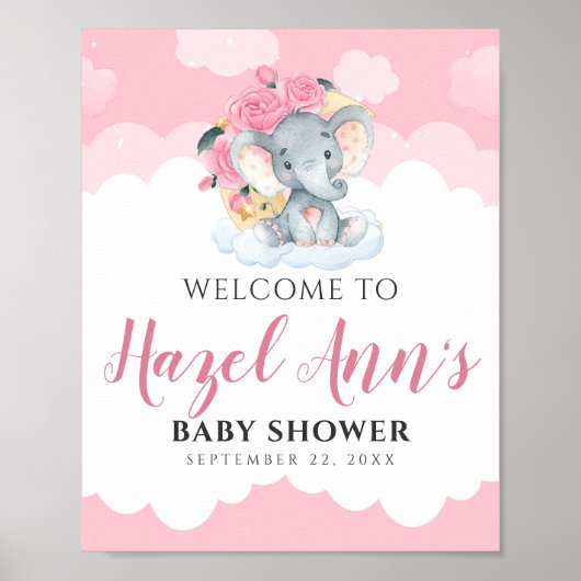 Affiche de bienvenue Baby shower de fille d'élépha (Devant)