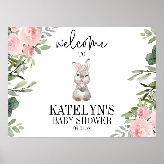 Affiche de bienvenue Baby shower de lapin rose (Devant)