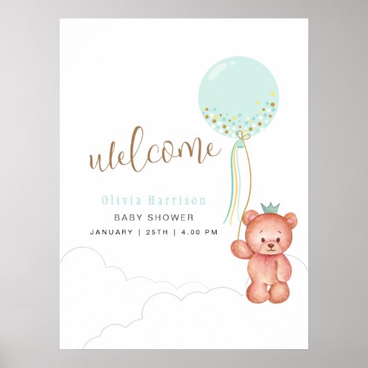 Affiche de bienvenue Baby shower de l'ours en pelu (Devant)