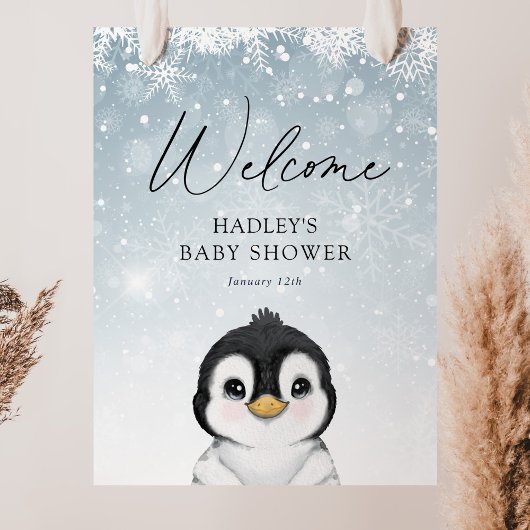Affiche de bienvenue Baby shower de pingouin