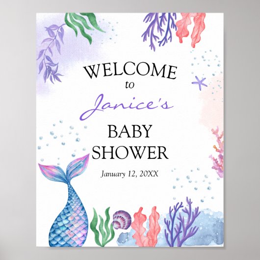Affiche de bienvenue Baby shower de sirène aquarel (Devant)