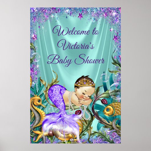 Affiche de bienvenue Baby shower de sirène violet (Devant)