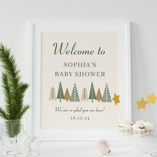 Affiche de bienvenue Baby shower d'hiver vert