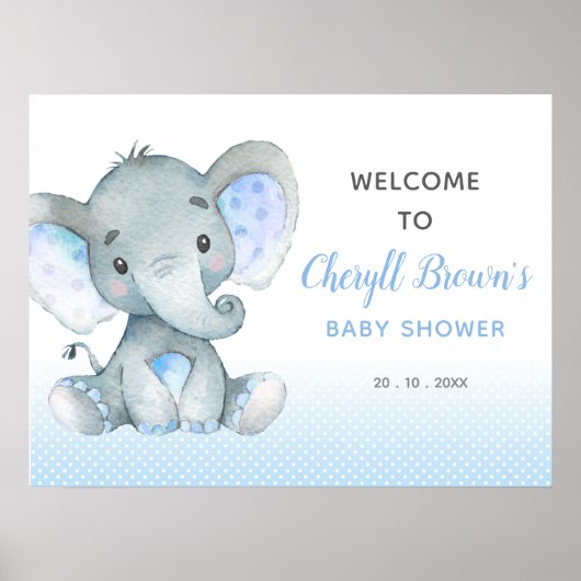 Affiche de bienvenue Baby shower éléphant (bleu) (Devant)