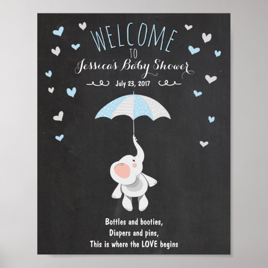Affiche de bienvenue baby shower éléphant bleu gar (Devant)