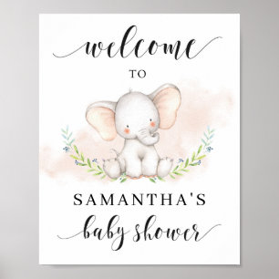 Affiche de bienvenue Baby shower Eléphant fille mi