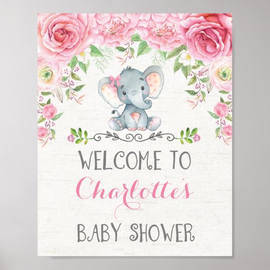 Affiche de bienvenue Baby shower Eléphant Roses Ro (Devant)