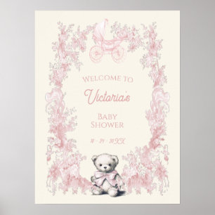 Affiche de bienvenue Baby shower en toile rose Ted