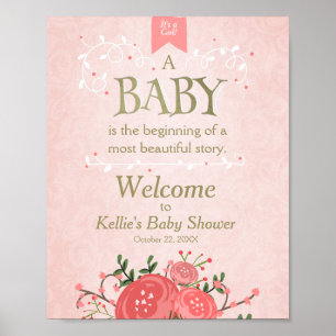 Affiche de bienvenue baby shower fille rose et or 