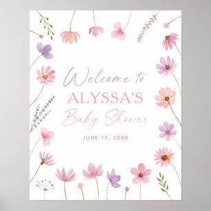 Affiche de bienvenue Baby shower Fleur sauvage ros