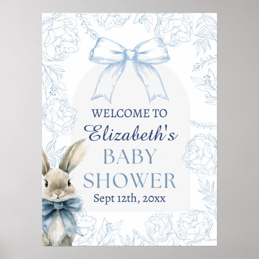 Affiche de bienvenue Baby shower Floral Bunny bleu (Devant)