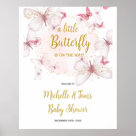 Affiche de bienvenue Baby shower papillon rose (Devant)