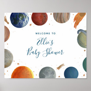 Affiche de bienvenue Baby shower Planètes peintes