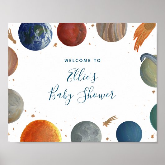 Affiche de bienvenue Baby shower Planètes peintes (Devant)