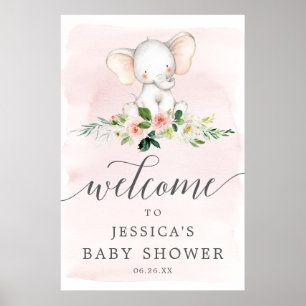 Affiche de bienvenue Baby shower rose éléphant
