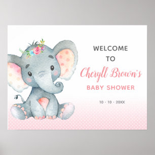Affiche de bienvenue Baby shower rose éléphant