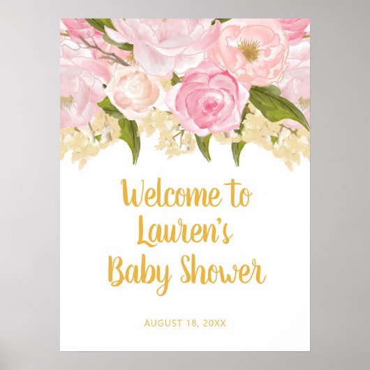 Affiche de bienvenue Baby shower Rose Et Or, Flora (Devant)